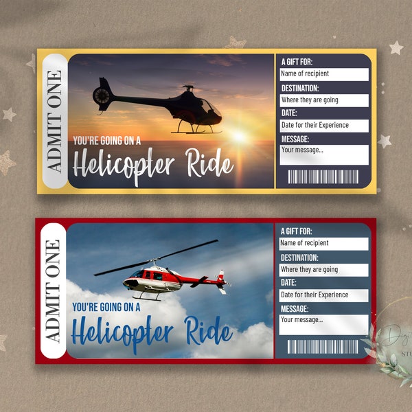 Druckbares HUBSCHRAUBERFAHRT-Überraschungsticket, Geschenkgutschein, bearbeitbare Event-Ticketvorlage, HUBSCHRAUBER-Tour, herunterladbar, anpassbar