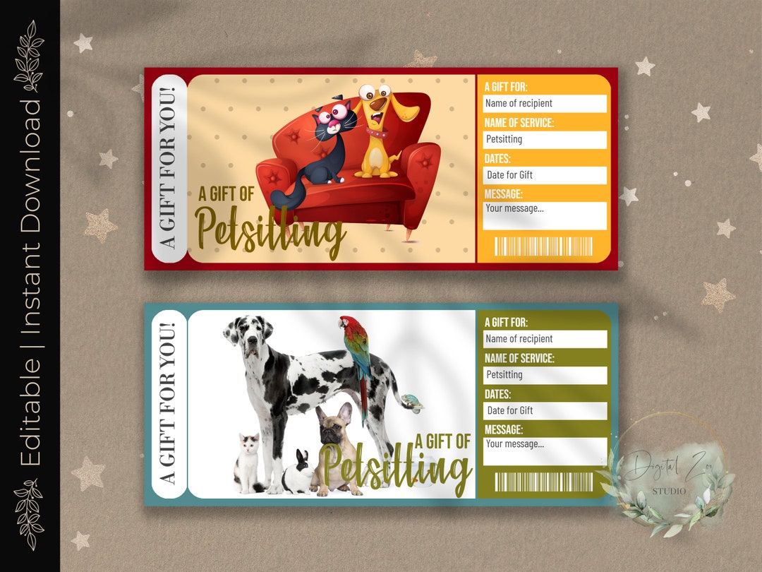 Printable PET SITTING Surprise Reveal Ticket, Gift Voucher, Editable
