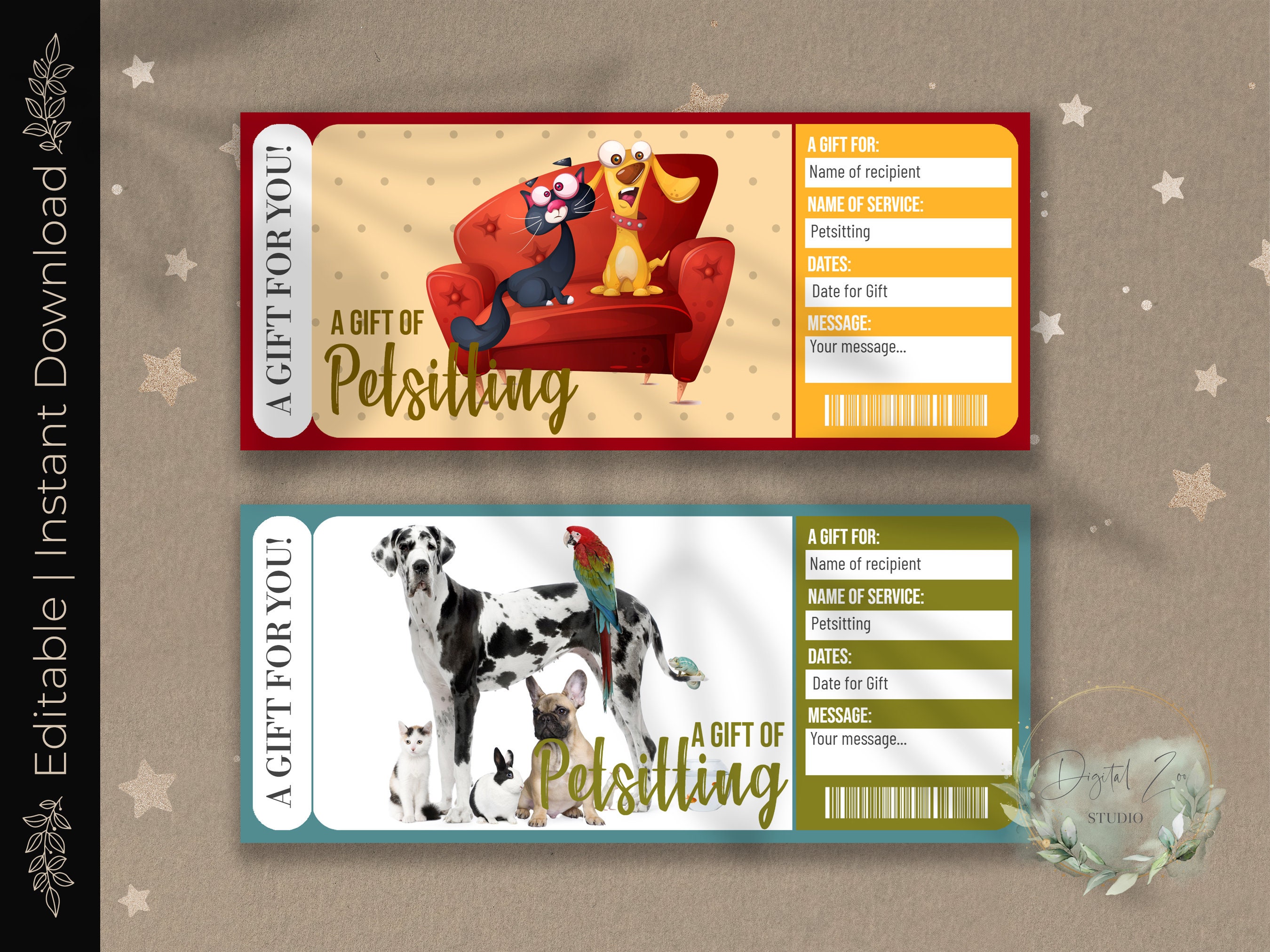PET SITTING Surprise Gift Reveal Ticket, Customizable Template (digital ...