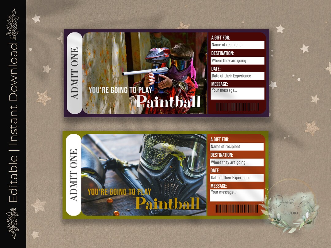 Printable PAINTBALL Surprise Reveal Ticket, Gift Voucher, Editable