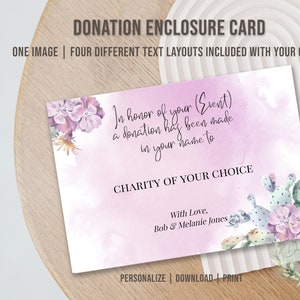 Printable DONATION ENCLOSURE CARD, Editable Donation Card, Donation in the Name of, Charitable Donation, Donation in Honor of, Diy