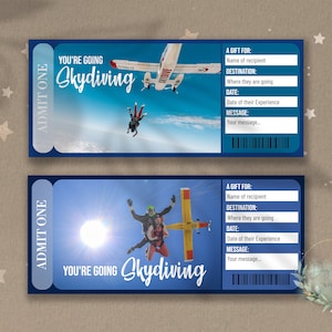 Boleto de revelación sorpresa PARACAIDISMO imprimible, vale de regalo, plantilla de boleto de evento editable, experiencia SKYDIVE, descargable, personalizable