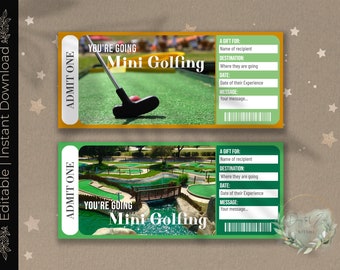 Druckbare MINI GOLF Surprise Reveal Ticket, Geschenkgutschein, bearbeitbare Event Ticket Vorlage, MINIATUR Golf, Putt-Putt, herunterladbar