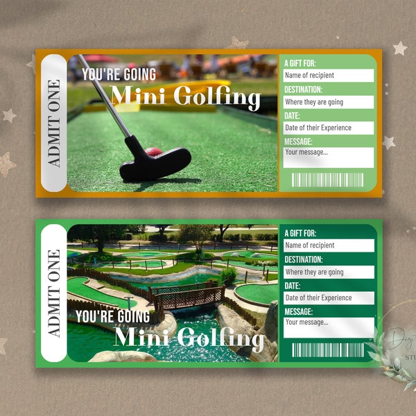 Printable MINI GOLF Surprise Reveal Ticket, Gift Voucher, Editable Event Ticket Template, MINIATURE golf, putt-putt, Downloadable