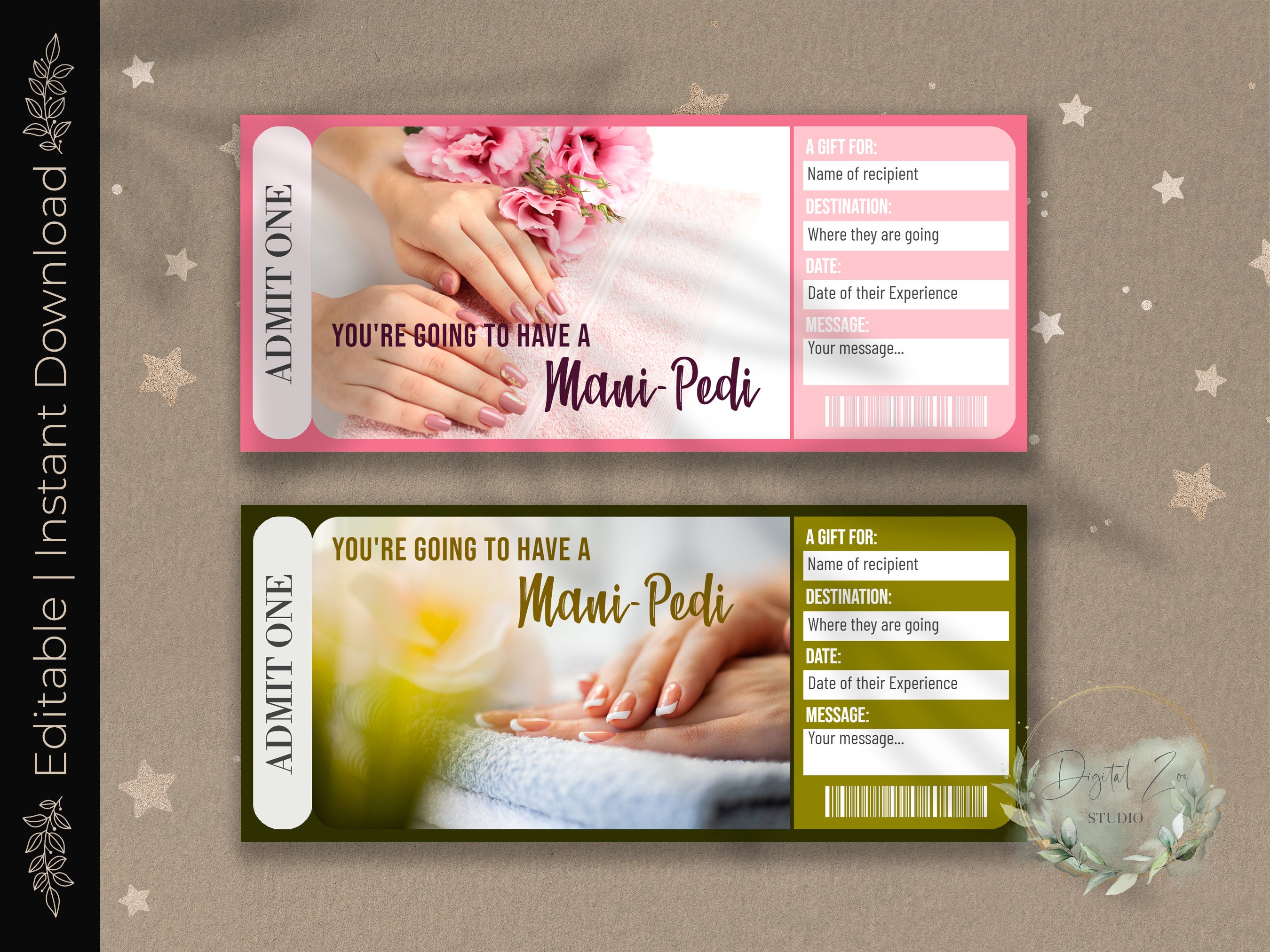 Printable MANI-PEDI Surprise Reveal Ticket, Gift Voucher, Editable Event Ticket Template ...
