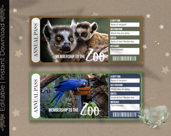 Printable ZOO MEMBERSHIP Surprise Reveal Ticket, Gift Voucher, Editable Ticket Template, Animal Lover, Exotic Animals, Downloadable, DIY