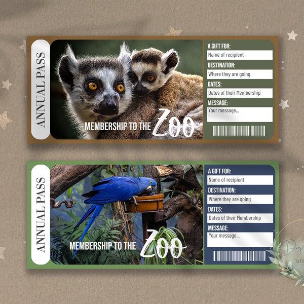 Printable ZOO MEMBERSHIP Surprise Reveal Ticket, Gift Voucher, Editable Ticket Template, Animal Lover, Exotic Animals, Downloadable, DIY