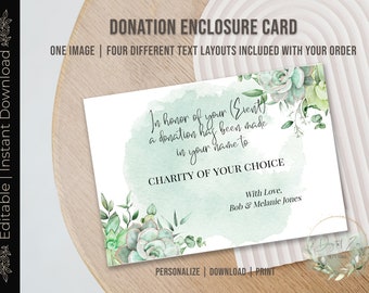 Printable DONATION ENCLOSURE CARD, Editable Donation in Your Name, Donation in the Name of, Charitable Donation, Donation in Honor of, Diy