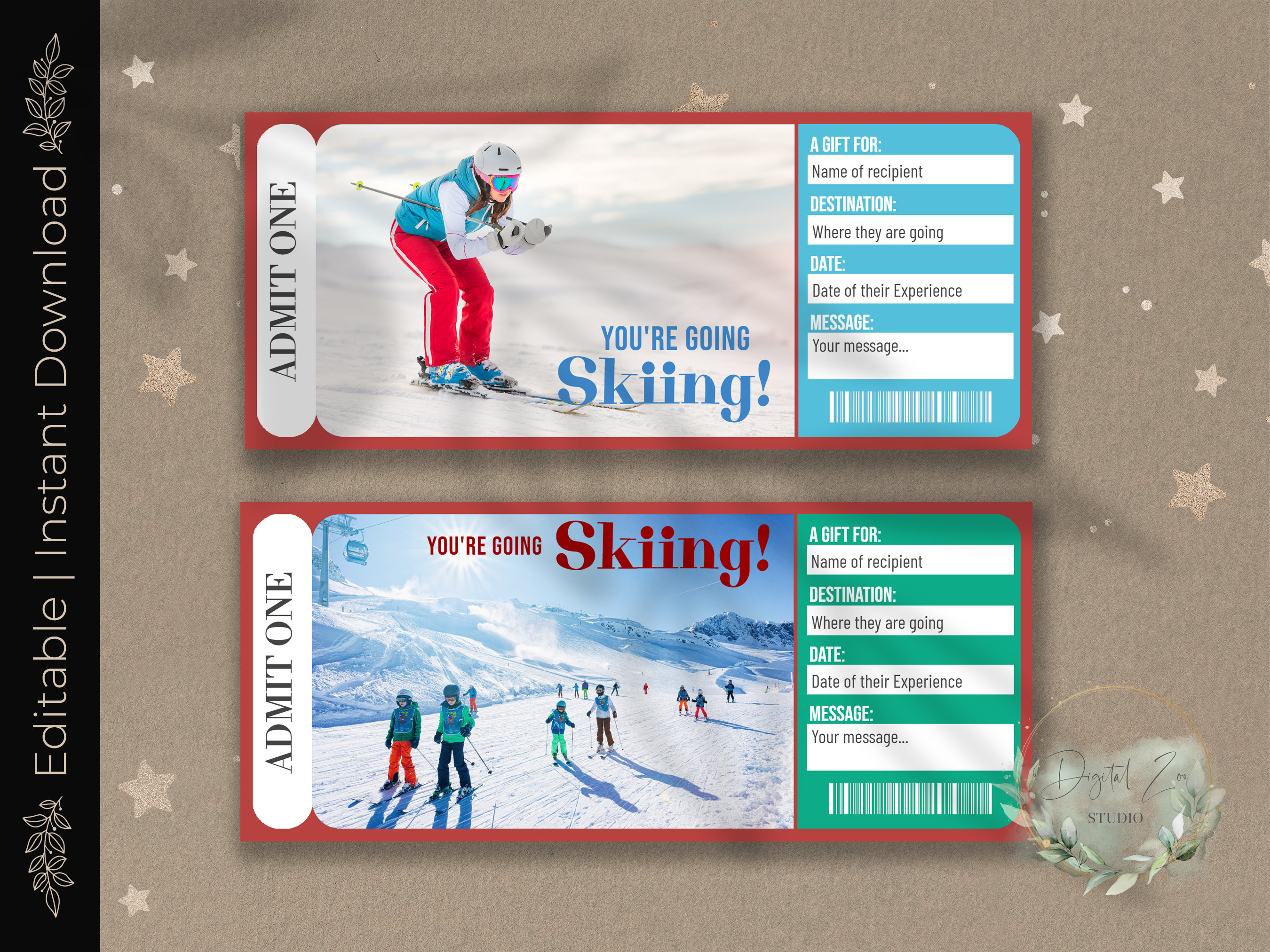 Printable Kids SKIING Surprise Reveal Ticket, Gift Voucher, Editable Event Ticket Template, SKI