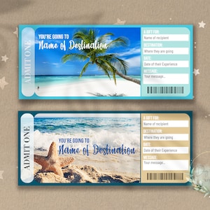 Boleto de revelación sorpresa de VACACIONES EN LA PLAYA imprimible, vale de regalo de vacaciones TROPICAL, plantilla de boleto de evento editable, viaje al océano, mar, descarga,