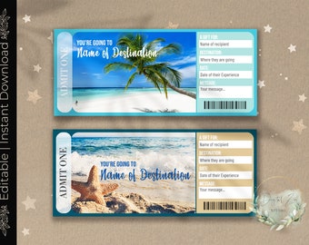 Billet de révélation surprise de VACANCES À LA PLAGE imprimable, chèque-cadeau de vacances TROPICAL, modèle de billet d’événement modifiable, voyage en mer, mer, téléchargement,