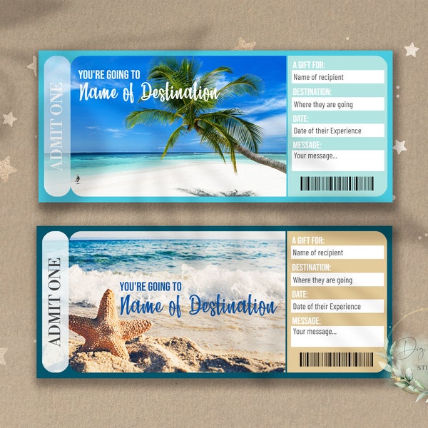 Printable BEACH VACATION Surprise Reveal Ticket, TROPICAL Vacation Gift Voucher, Editable Event Ticket Template, Ocean Trip, Sea, Download,