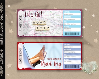 Printable ROAD TRIP Surprise Reveal Ticket, ADVENTURE Gift Voucher, Editable Event Ticket Template,  Journey, Car Trip, Download, diy