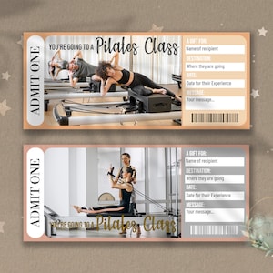Boleto de revelación sorpresa CLASE DE PILATES imprimible, vale de regalo, plantilla de boleto de evento editable, descargable, personalizable, estudio PILATES