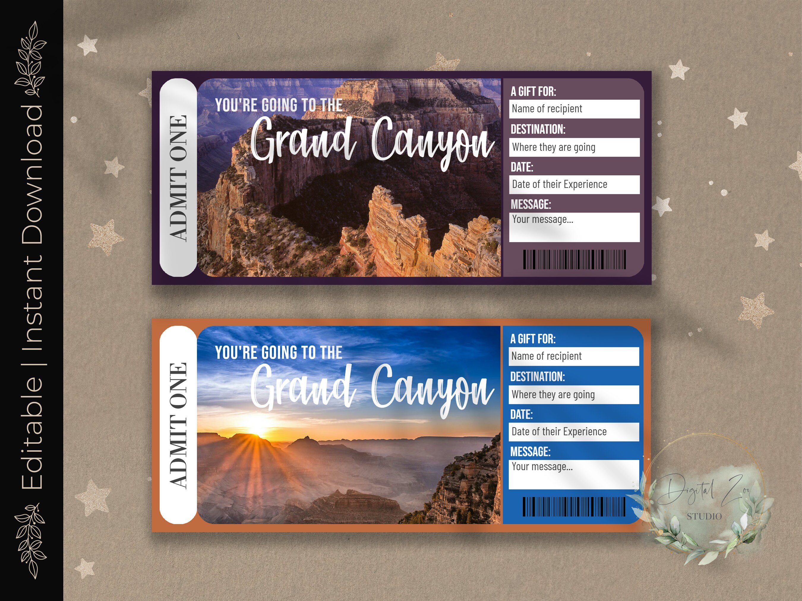 Printable GRAND CANYON TRIP Surprise Reveal Ticket, Gift Voucher, Editable Event Ticket Template, National Park Tour, Download, diy