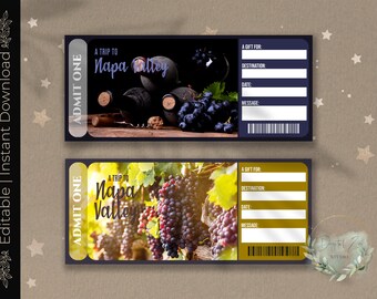 Printable NAPA VALLEY TRIP Surprise Reveal Ticket, Gift Voucher, Editable Event Ticket Template, Wine Tasting Experience, Customizable Gift
