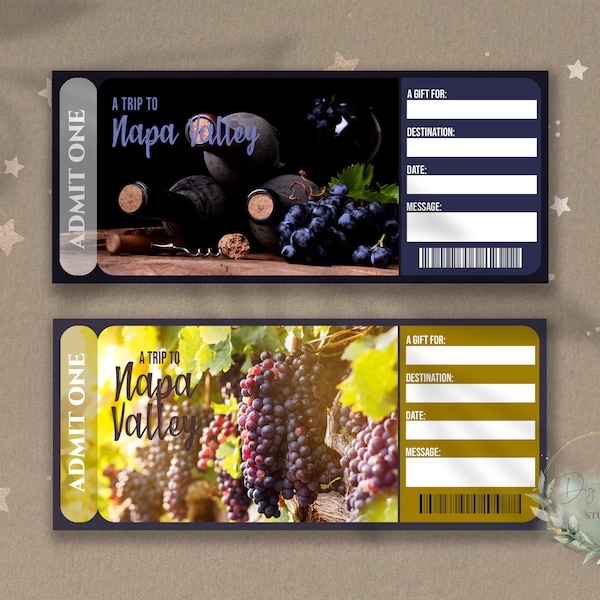 Printable NAPA VALLEY TRIP Surprise Reveal Ticket, Gift Voucher, Editable Event Ticket Template, Wine Tasting Experience, Customizable Gift