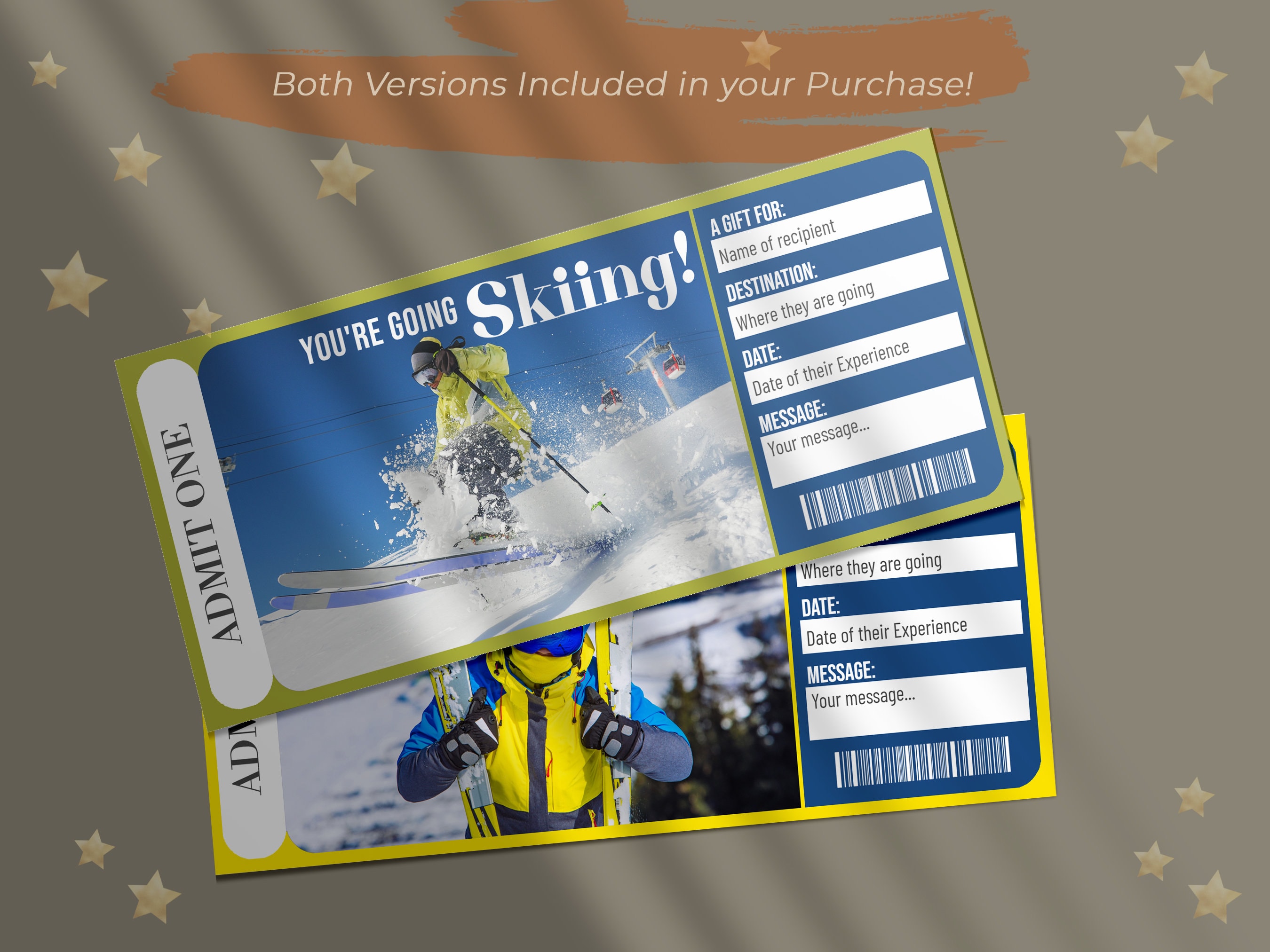 Printable SKIING Surprise Reveal Ticket, Gift Voucher, Editable Event Ticket Template, SKI