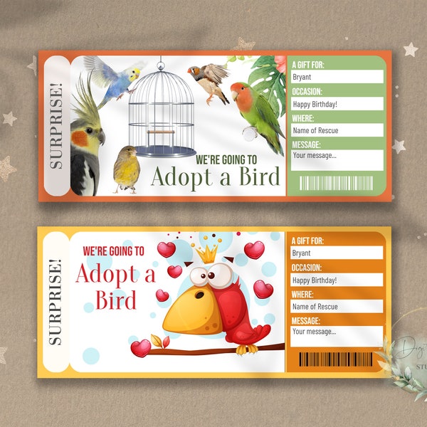 Printable BIRD GIFT Surprise Reveal Ticket, ADOPT a Bird Gift Voucher, Editable Event Ticket Template, Pet Bird, Download, diy