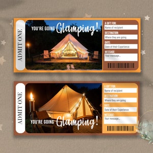 Boleto de revelación sorpresa GLAMPING imprimible, vale de regalo, plantilla de boleto de evento editable, descarga de boleto de viaje GLAMPING, descarga, bricolaje