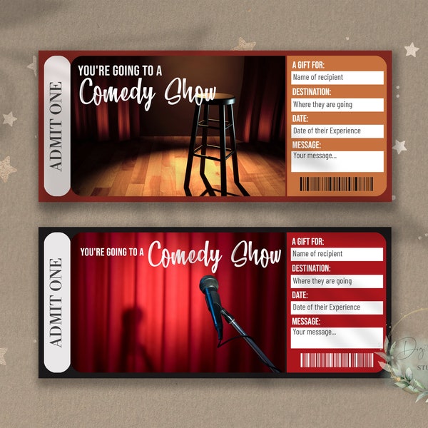 Druckbare Comedy Show Surprise Reveal Ticket, Stand-Up Comedian Geschenk Gutschein, bearbeitbare Event Ticket Vorlage, Comic, Comedy Club, Impro