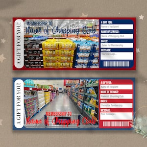 Bilhete surpresa revelador de associação ao SHOPPING CLUB para impressão, vale-presente, modelo de ingresso editável, associação à Big Box Store, Warehouse Club