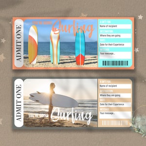 Druckbares SURFING-Erfahrungs-Geschenk enthüllen Ticket, Überraschungsgeschenk für Surfer, Surfbrett, anpassbar, herunterladbar, Geschenk für Nervenkitzel Junkie