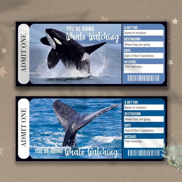 Printable WHALE WATCHING Surprise Reveal Ticket, Gift Voucher, Editable Event Ticket Template, WHALE Watching Trip ,  Diy