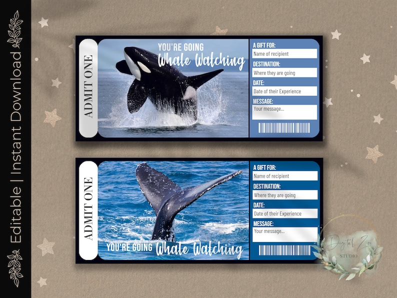 Printable WHALE WATCHING Surprise Reveal Ticket, Gift Voucher, Editable ...