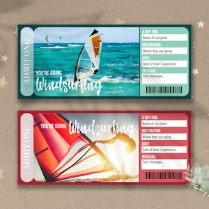 Druckbares WINDSURFING Überraschungsgeschenk Reveal Ticket, Geschenkgutschein, bearbeitbare Event Ticket Vorlage, WINDSURFER GESCHENK, anpassbar, herunterladbar