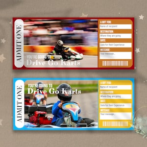 印刷可能な GO KARTS サプライズ公開チケット、編集可能なイベント チケット テンプレート、屋内スピードウェイ、バンパーカー体験、ダウンロード可能、DIY