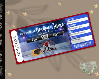 May include: Red and blue printable hockey game ticket with the text "You're going to a Hockey Game" and "Admit One". The ticket has spaces to fill in the name of the recipient, destination, date, and a message.