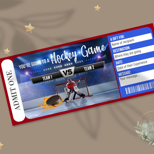 Printable HOCKEY GAME Surprise Reveal Ticket, Gift Voucher, Editable Event Ticket Template, Game Ticket, Hockey Rink, NHL,  Diy