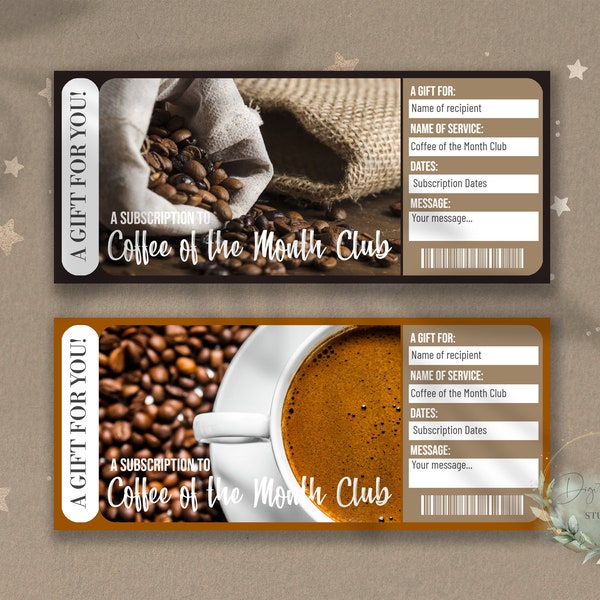 Printable COFFEE of the MONTH CLUB Surprise Reveal Ticket, Gift Voucher, Editable Ticket Template, Coffee Lover Gift, Coffee Delivery