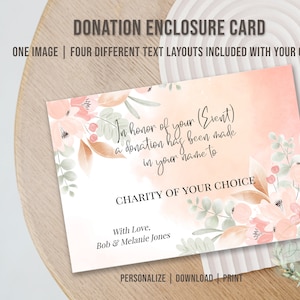 Printable DONATION ENCLOSURE CARD, Editable Donation Card, Donation in the Name of, Charitable Donation, Donation in Honor of, Diy