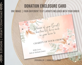 Printable DONATION ENCLOSURE CARD, Editable Donation Card, Donation in the Name of, Charitable Donation, Donation in Honor of, Diy