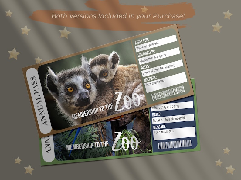 Zoo Rack Card Printable ZOO MEMBERSHIP Surprise Gift Reveal Ticket, Customizable ...