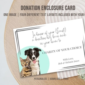 Printable PET DONATION ENCLOSURE Card, Editable Donation in Your Name, Donation in the Name of, Charitable Donation, Donation in Honor of