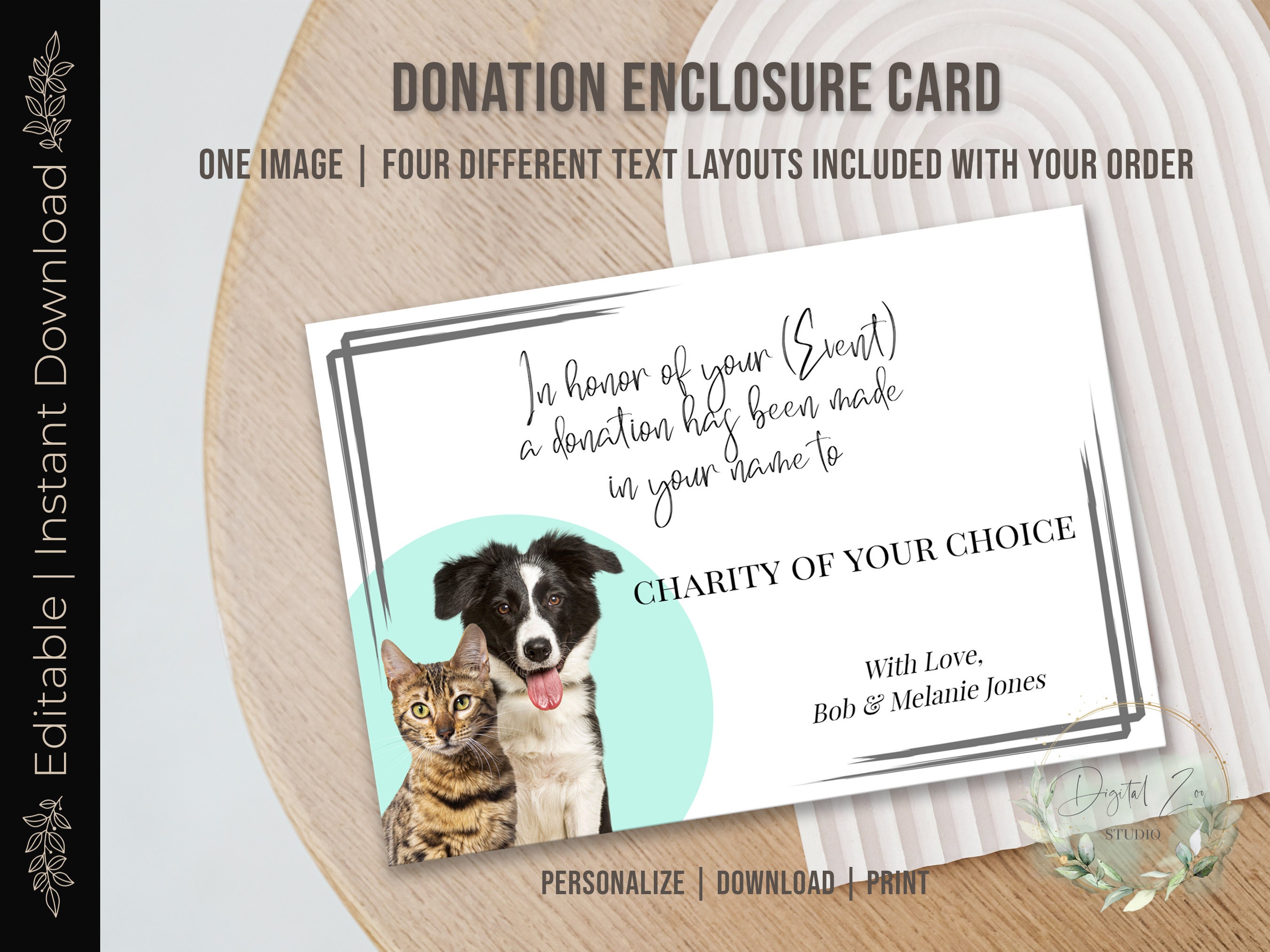 Printable PET DONATION ENCLOSURE Card, Editable Donation in Your Name, Donation in the Name of, Charitable Donation, Donation in Honor of