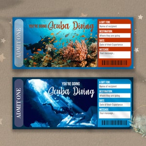 Boleto sorpresa de buceo imprimible, vale de regalo, plantilla de boleto de evento editable, buceo en aguas profundas, regalo de buceador, personalizable, hazlo tú mismo
