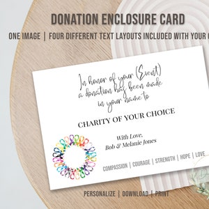Printable Cancer DONATION ENCLOSURE CARD, Editable Donation Card, Donation in the Name of, Charitable Donation, Donation in Honor of, Diy