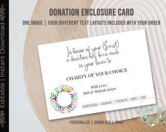Printable Cancer DONATION ENCLOSURE CARD, Editable Donation Card, Donation in the Name of, Charitable Donation, Donation in Honor of, Diy