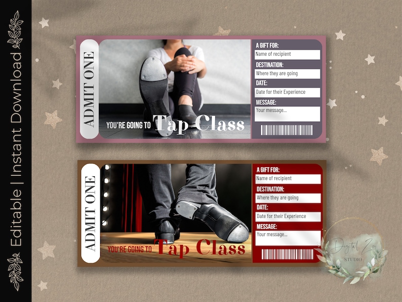 Printable TAP CLASS Surprise Reveal Ticket, Gift Voucher, Editable