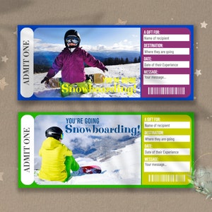 Printable KIDS SNOWBOARDING Surprise Reveal Ticket, Gift Voucher, Editable Event Ticket Template, Snowboard Ticket Download, Download, DIY