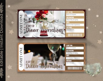 May include: Two printable gift certificate templates for dinner reservations. The templates are brown and burgundy with a white border. The text "ADMIT ONE" is printed on the top of each template. The text "A GIFT OF Dinner Reservations" is printed in a decorative font on each template. The templates are decorated with images of a table setting with flowers and wine glasses.