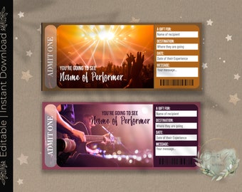 Utskrivbar KONSERT Överraskningsbiljett, Presentkort, Redigerbar Evenemangsbiljettmall, Musikgrupp, Rockband, Nedladdningsbar, Anpassad