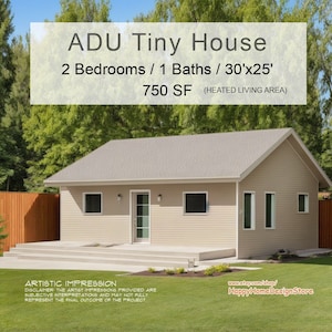 ADU Tiny House-hut, 2 slaapkamers en 1 badkamer (30'x25') 750SF aangepaste huisplannen en blauwdrukken