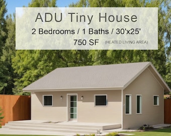 ADU Tiny House Cabin 2 bed 1 bath (30'x25') 750SF Custom House Plans and Blueprints