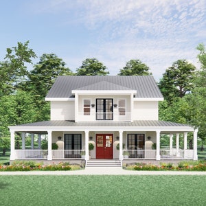 Old Southern Charm Farmhouse Plan 3 bed 3.5 bath (55'x58') Custom House Plans and Blueprints