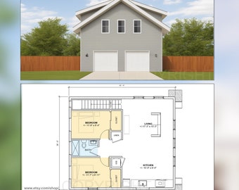 ADU garage-appartement voor twee auto's 28' x 32' - architectonisch plan met hoogteverschillen en materialen - digitale blauwdruk pdf